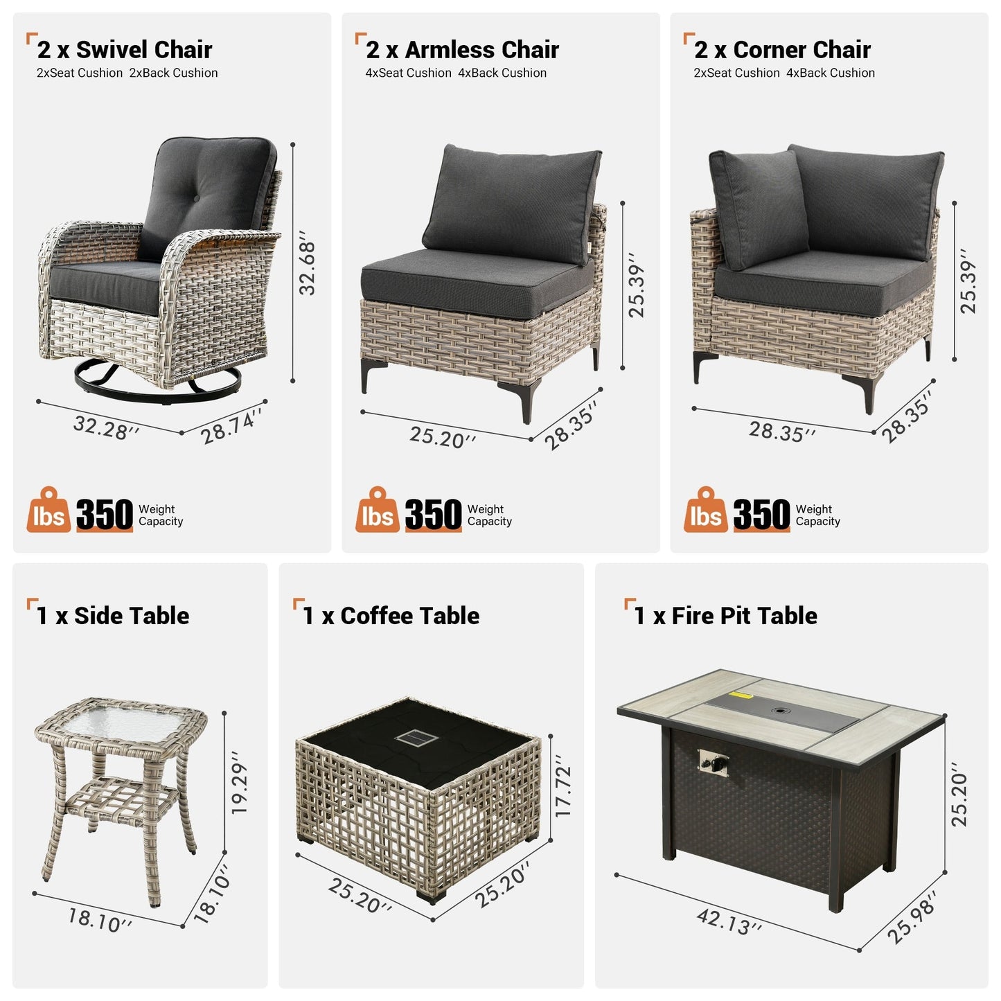 Ensemble de 9 chaises pivotantes d'extérieur en osier OVIOS avec table de feu