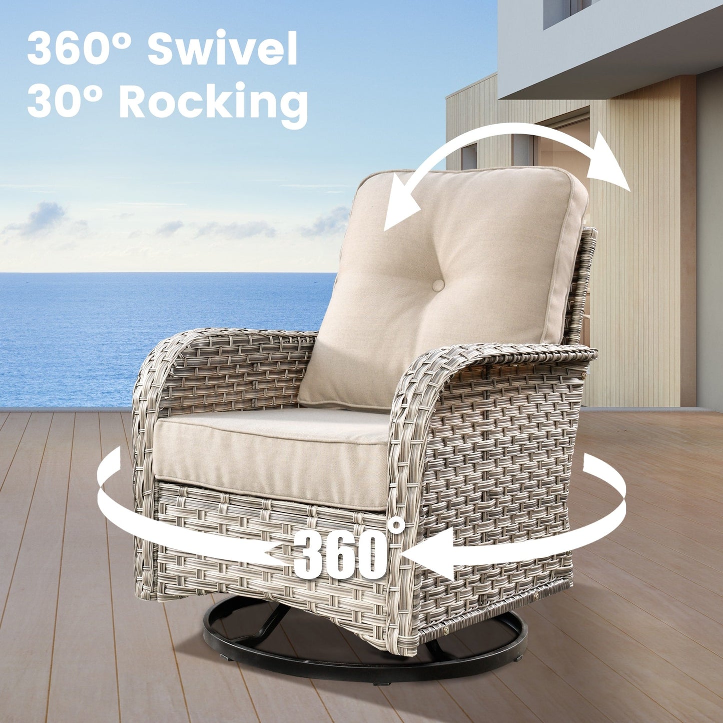 Ensemble de 9 chaises pivotantes d'extérieur en osier OVIOS avec table de feu