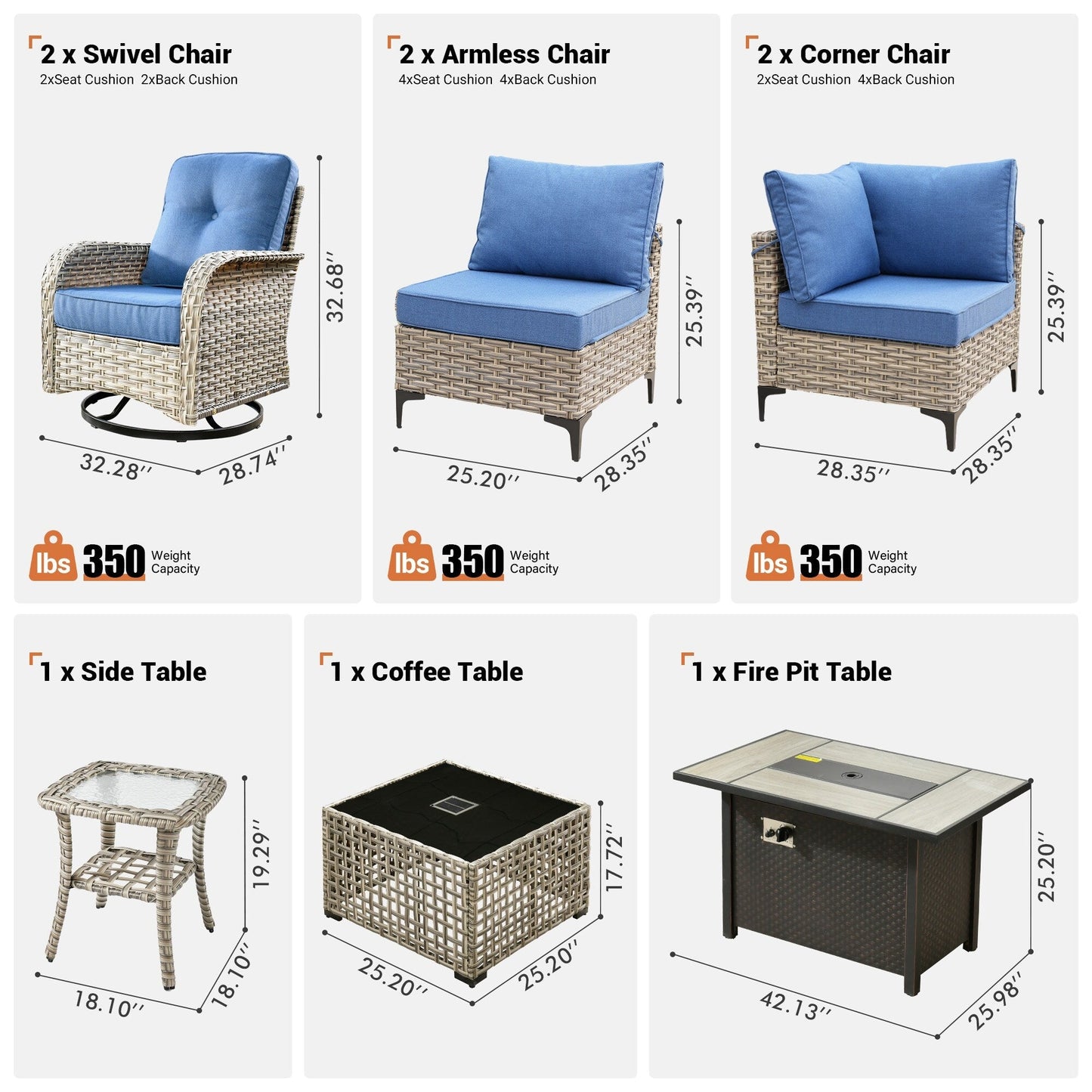 Ensemble de 9 chaises pivotantes d'extérieur en osier OVIOS avec table de feu