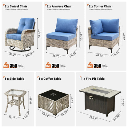 Ensemble de 9 chaises pivotantes d'extérieur en osier OVIOS avec table de feu