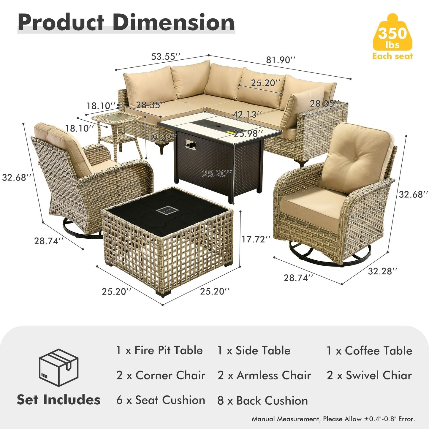 Ensemble de 9 chaises pivotantes d'extérieur en osier OVIOS avec table de feu