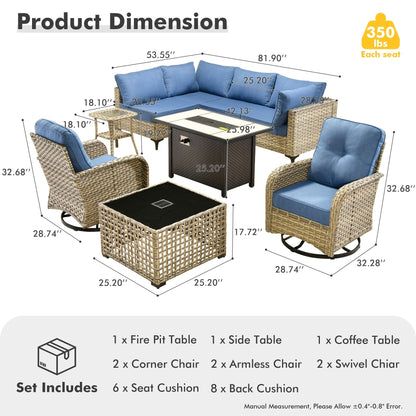 Ensemble de 9 chaises pivotantes d'extérieur en osier OVIOS avec table de feu