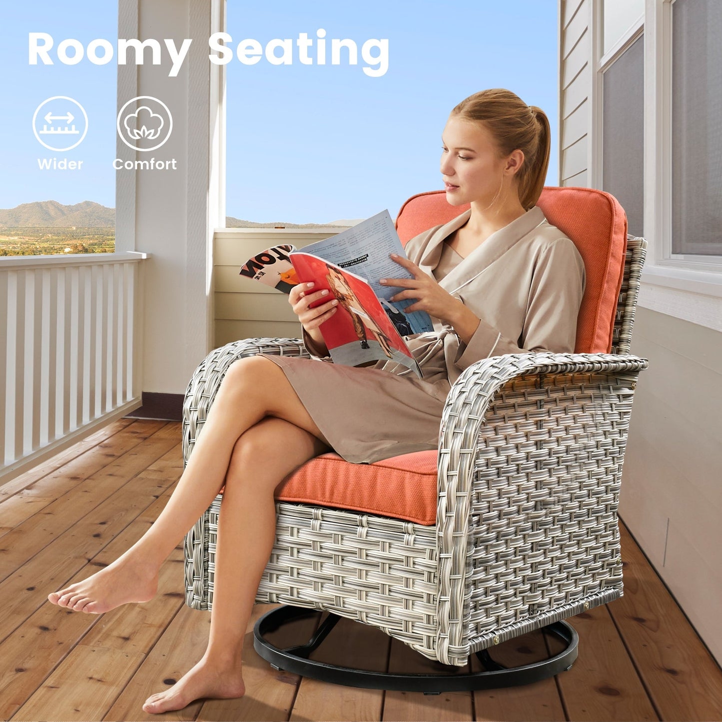 Ensemble de 9 chaises pivotantes d'extérieur en osier OVIOS avec table de feu