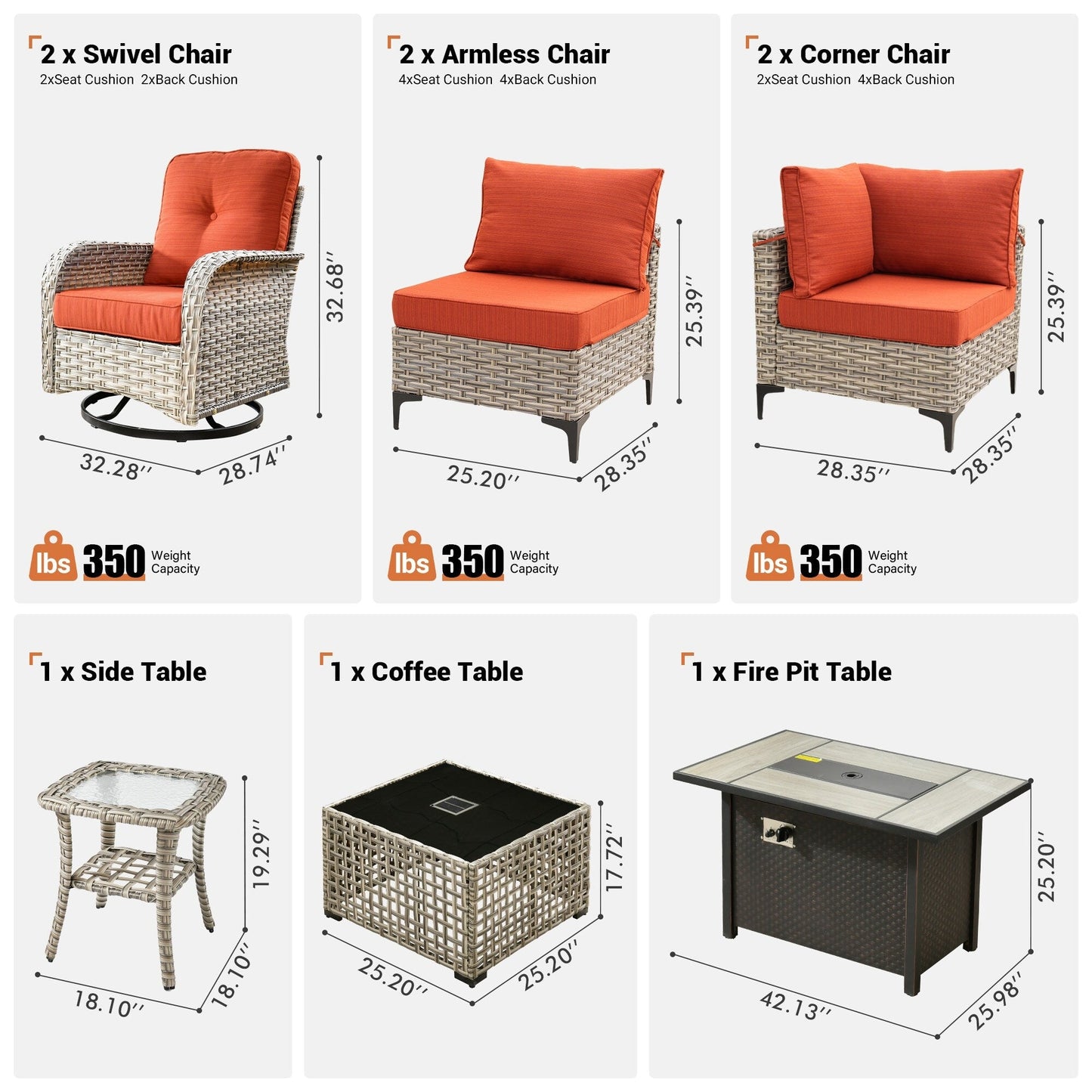 Ensemble de 9 chaises pivotantes d'extérieur en osier OVIOS avec table de feu