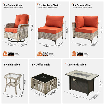 Ensemble de 9 chaises pivotantes d'extérieur en osier OVIOS avec table de feu