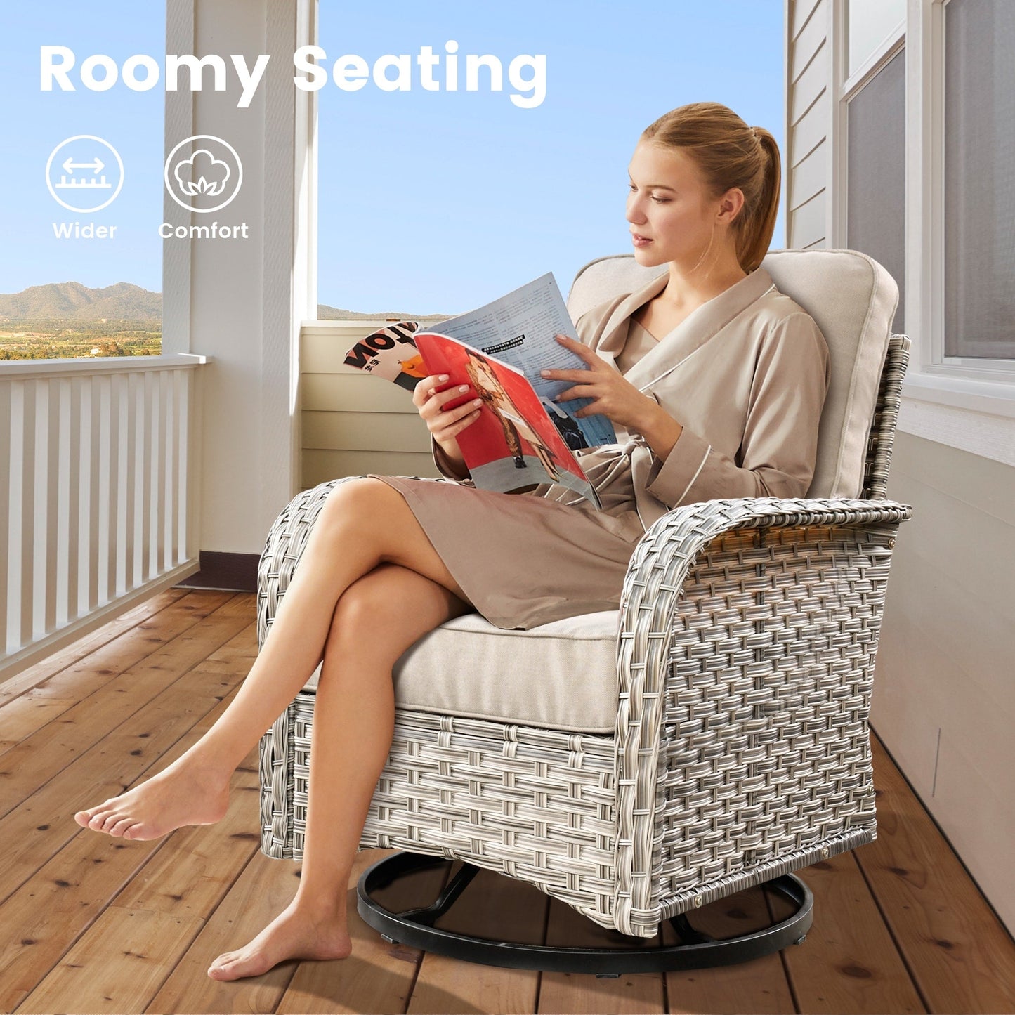 Ensemble de 9 chaises pivotantes d'extérieur en osier OVIOS avec table de feu