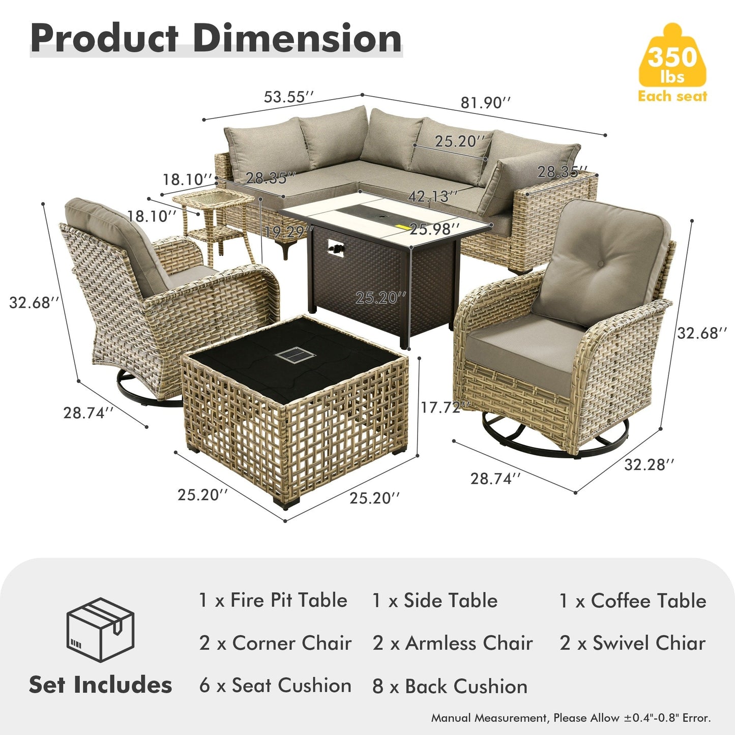 Ensemble de 9 chaises pivotantes d'extérieur en osier OVIOS avec table de feu