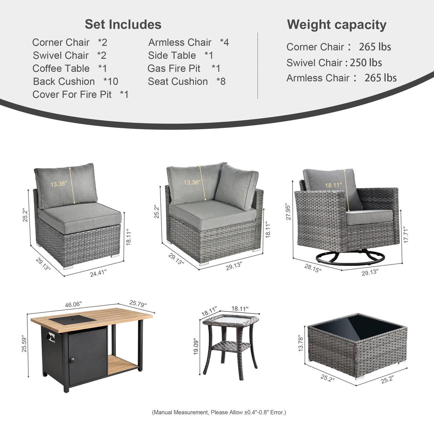 Ensemble de canapé d'angle 11 pièces en résine tressée avec assise profonde, fauteuils pivotants et foyer extérieur OVIOS