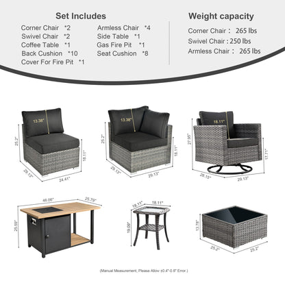 Ensemble de canapé d'angle 11 pièces en résine tressée avec assise profonde, fauteuils pivotants et foyer extérieur OVIOS