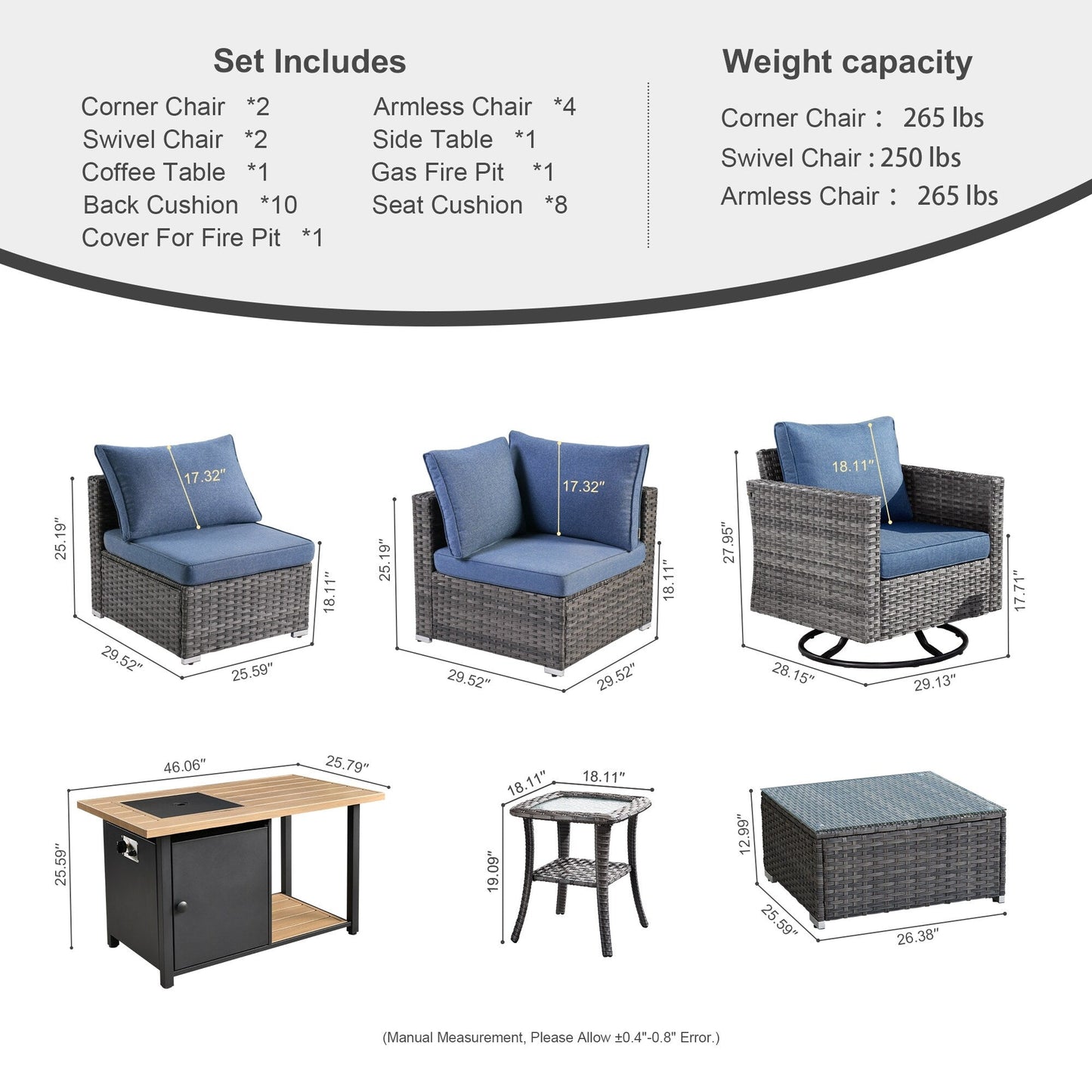 Ensemble de canapé d'angle 11 pièces en résine tressée avec assise profonde, fauteuils pivotants et foyer extérieur OVIOS
