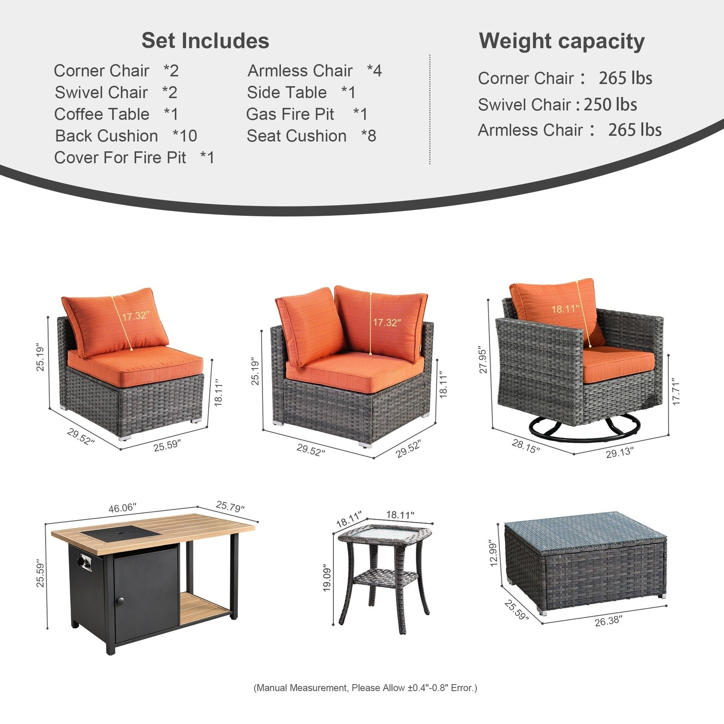 Ensemble de canapé d'angle 11 pièces en résine tressée avec assise profonde, fauteuils pivotants et foyer extérieur OVIOS