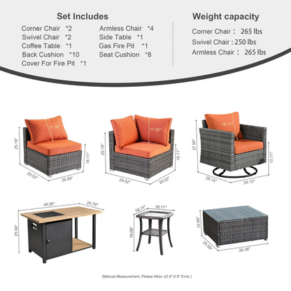 Ensemble de canapé d'angle 11 pièces en résine tressée avec assise profonde, fauteuils pivotants et foyer extérieur OVIOS