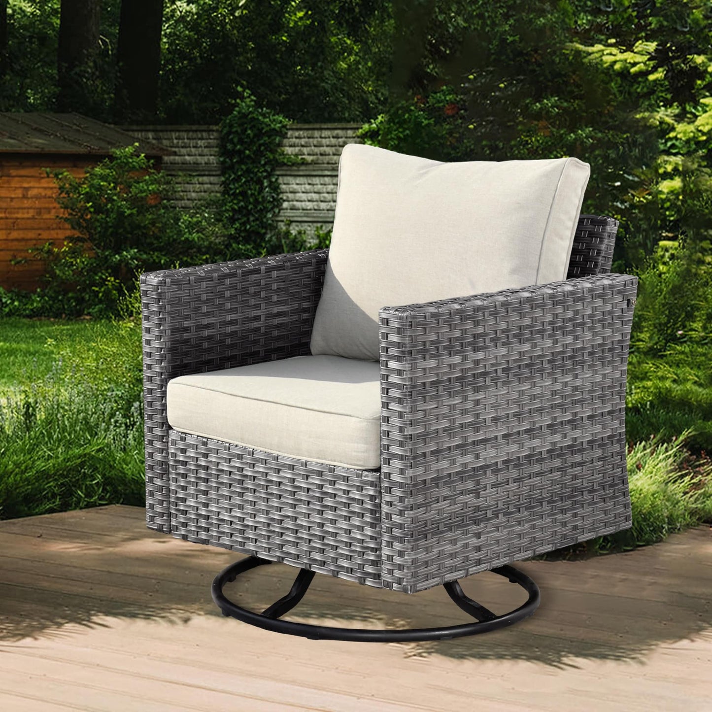 Ensemble de canapé d'angle 11 pièces en résine tressée avec assise profonde, fauteuils pivotants et foyer extérieur OVIOS