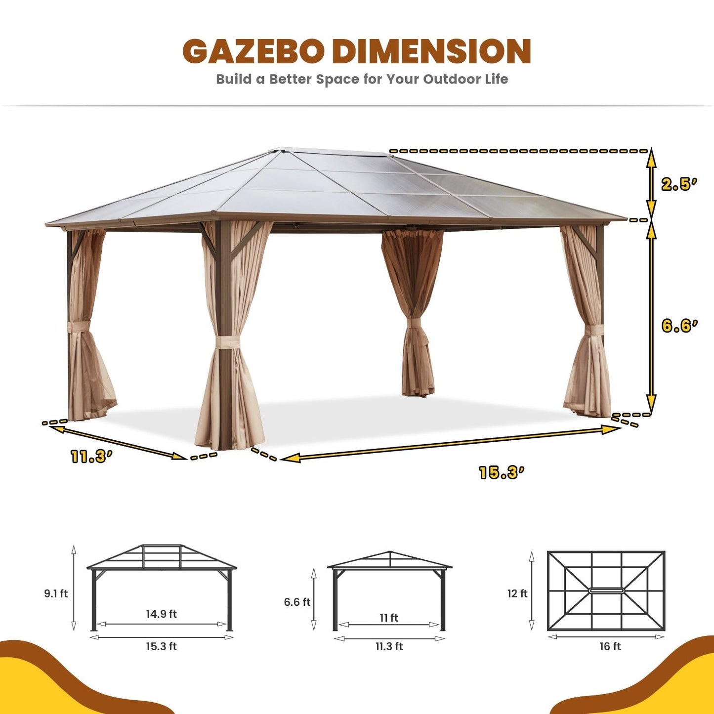 Gazebo rigide EROMMY, pergola d'extérieur avec double toit, moustiquaire et rideaux, auvent robuste pour terrasse, jardin, fête au bord de la piscine