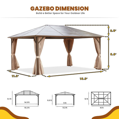 Gazebo rigide EROMMY, pergola d'extérieur avec double toit, moustiquaire et rideaux, auvent robuste pour terrasse, jardin, fête au bord de la piscine