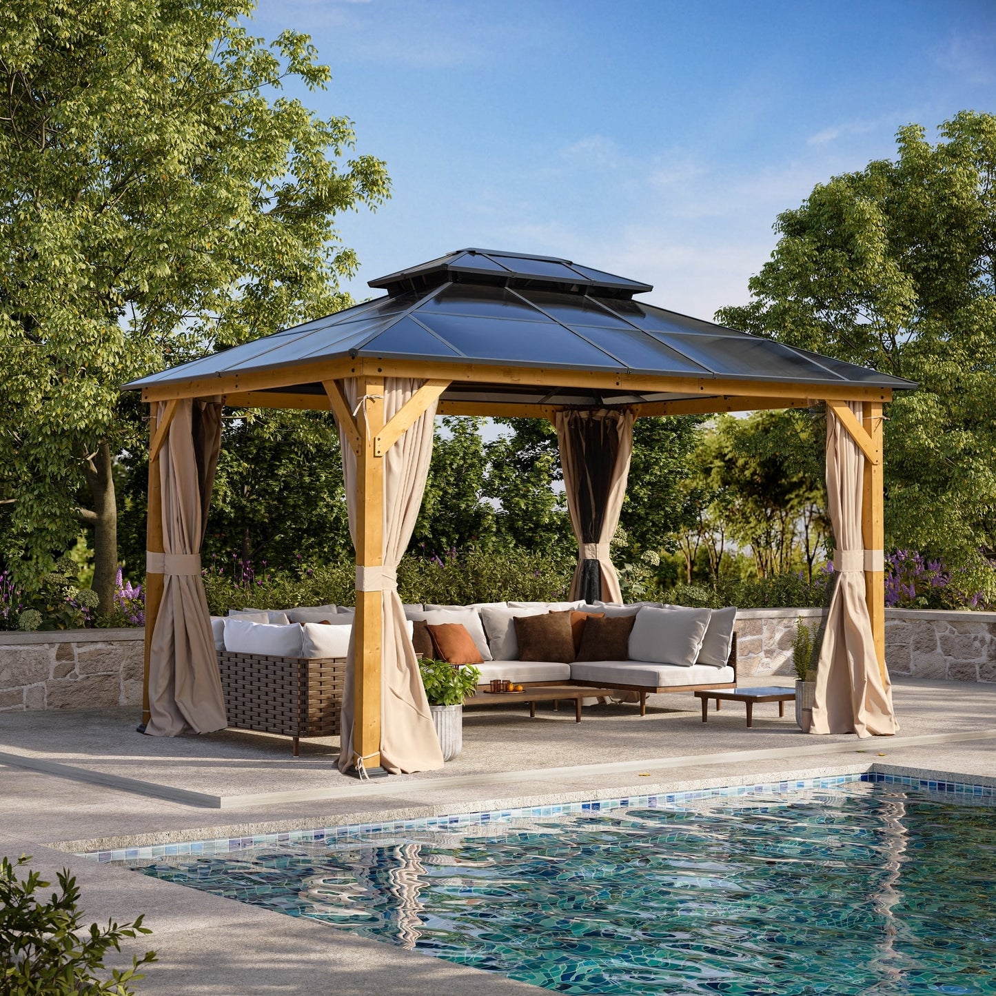Gazebo rigide EROMMY, pergola d'extérieur avec double toit, moustiquaire et rideaux, auvent robuste pour terrasse, jardin, fête au bord de la piscine