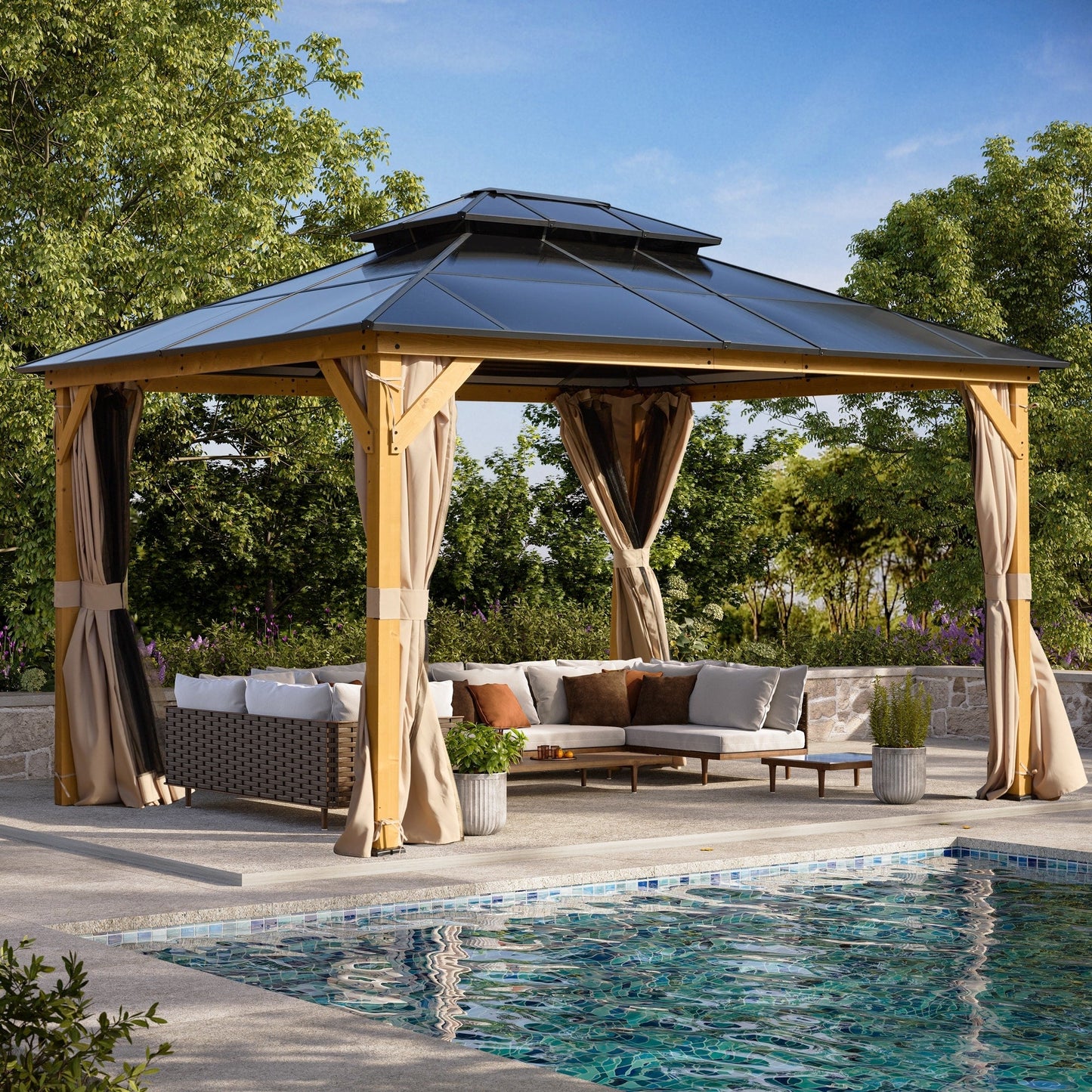 Gazebo rigide EROMMY, pergola d'extérieur avec double toit, moustiquaire et rideaux, auvent robuste pour terrasse, jardin, fête au bord de la piscine
