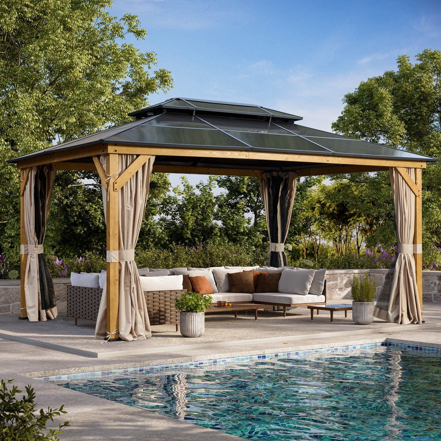 Gazebo rigide EROMMY, pergola d'extérieur avec double toit, moustiquaire et rideaux, auvent robuste pour terrasse, jardin, fête au bord de la piscine