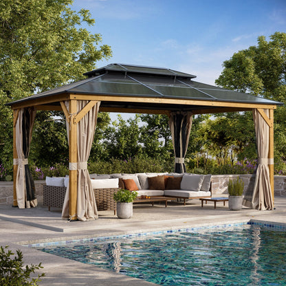 Gazebo rigide EROMMY, pergola d'extérieur avec double toit, moustiquaire et rideaux, auvent robuste pour terrasse, jardin, fête au bord de la piscine