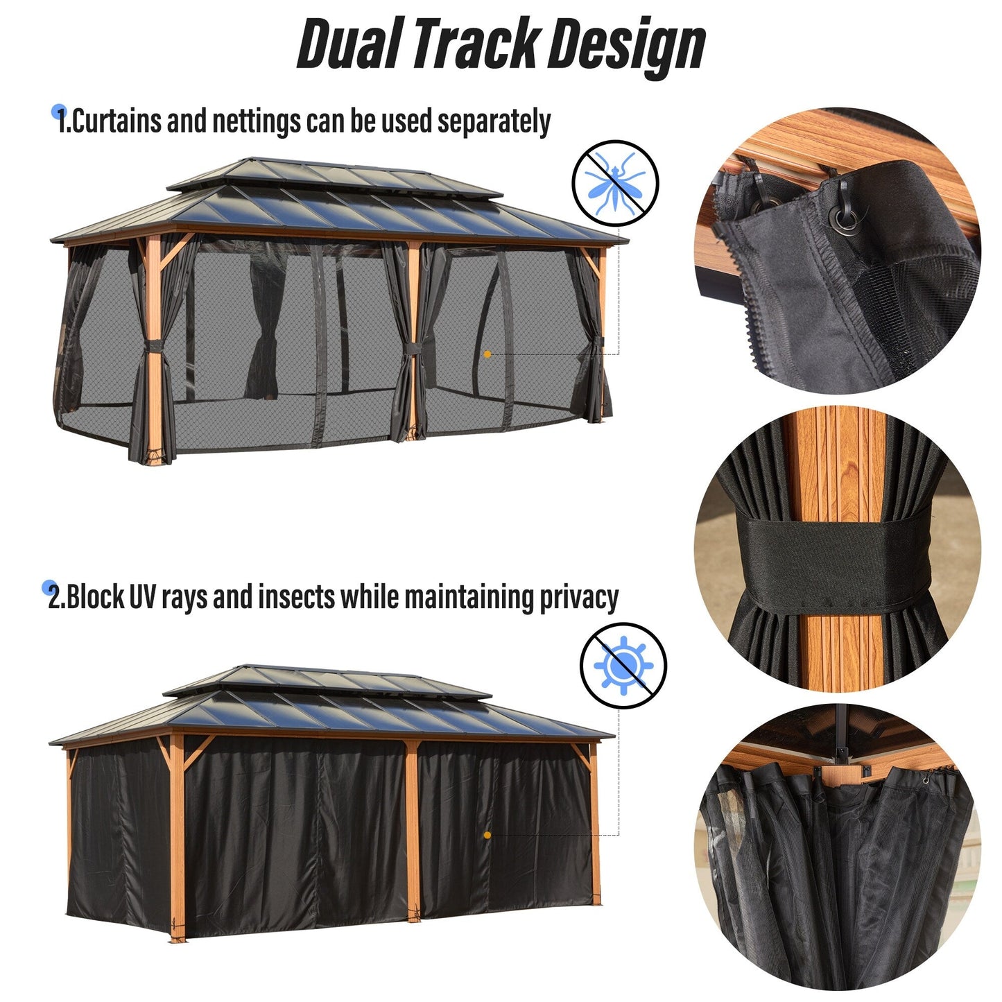 Gazebo rigide EROMMY, pergola d'extérieur avec double toit, moustiquaire et rideaux, auvent robuste pour terrasse, jardin, fête au bord de la piscine