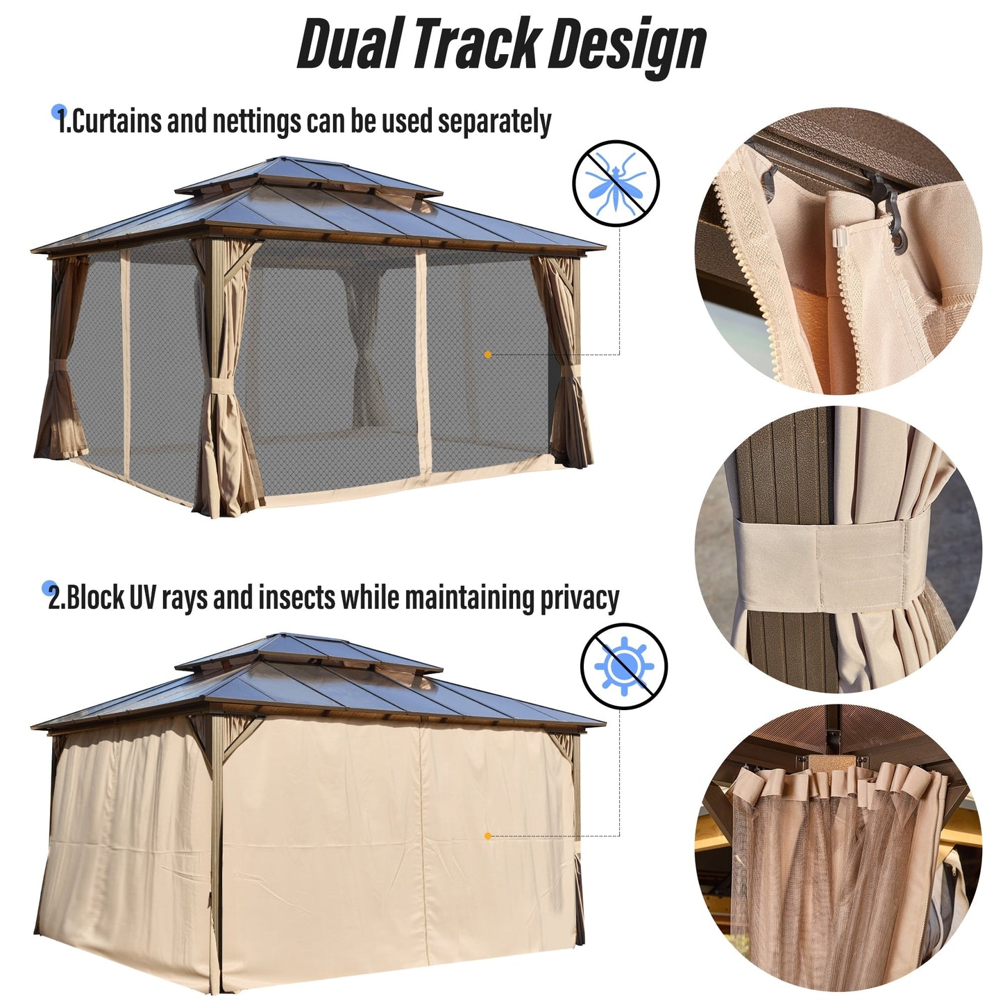 Gazebo rigide EROMMY, pergola d'extérieur avec double toit, moustiquaire et rideaux, auvent robuste pour terrasse, jardin, fête au bord de la piscine