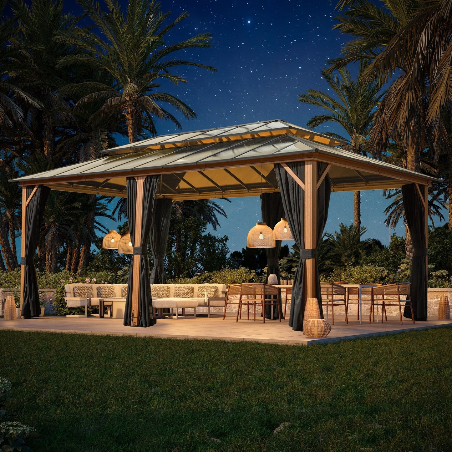 Gazebo rigide EROMMY, pergola d'extérieur avec double toit, moustiquaire et rideaux, auvent robuste pour terrasse, jardin, fête au bord de la piscine