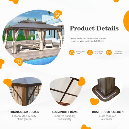 Gazebo rigide EROMMY, pergola d'extérieur avec double toit, moustiquaire et rideaux, auvent robuste pour terrasse, jardin, fête au bord de la piscine