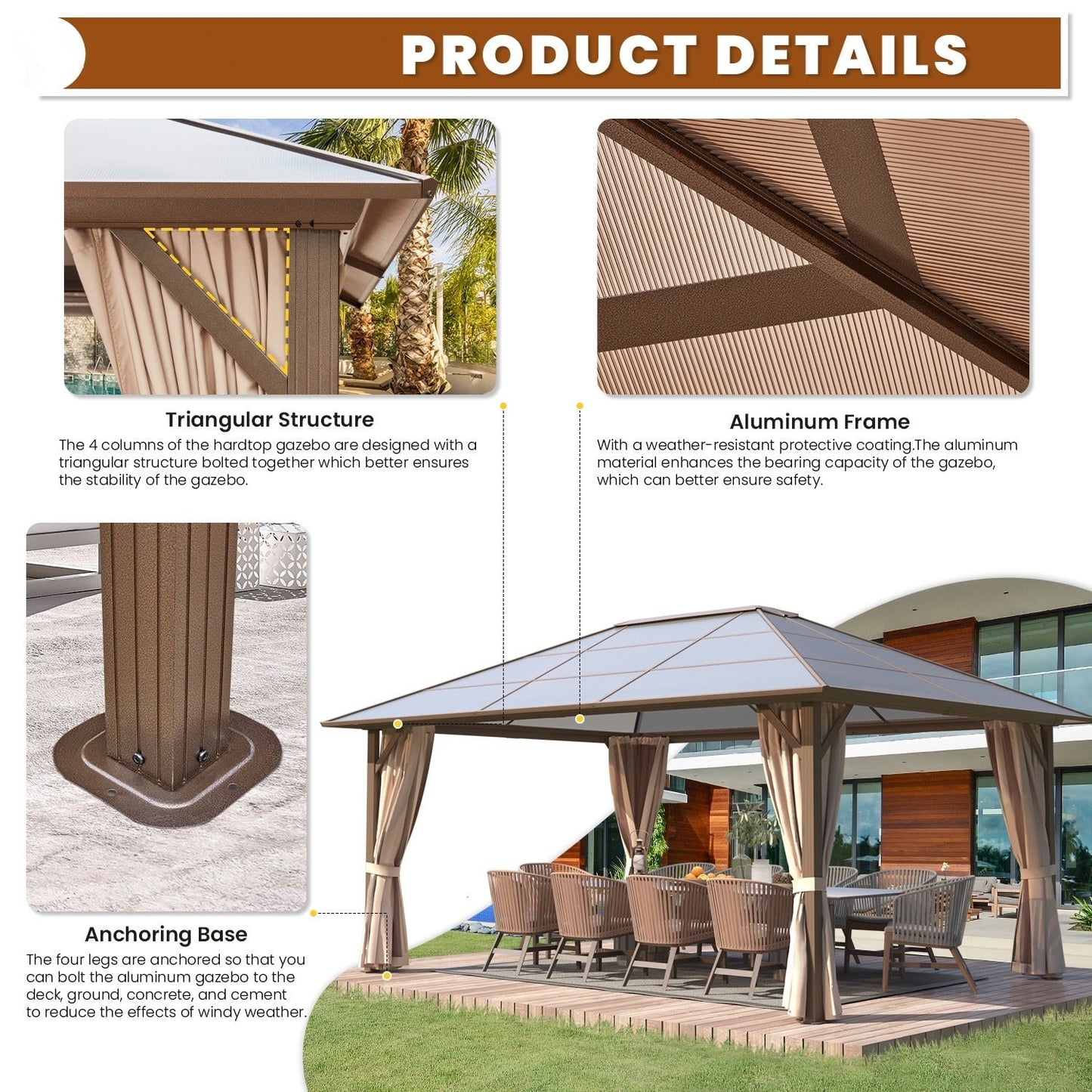 Gazebo rigide EROMMY, pergola d'extérieur avec double toit, moustiquaire et rideaux, auvent robuste pour terrasse, jardin, fête au bord de la piscine