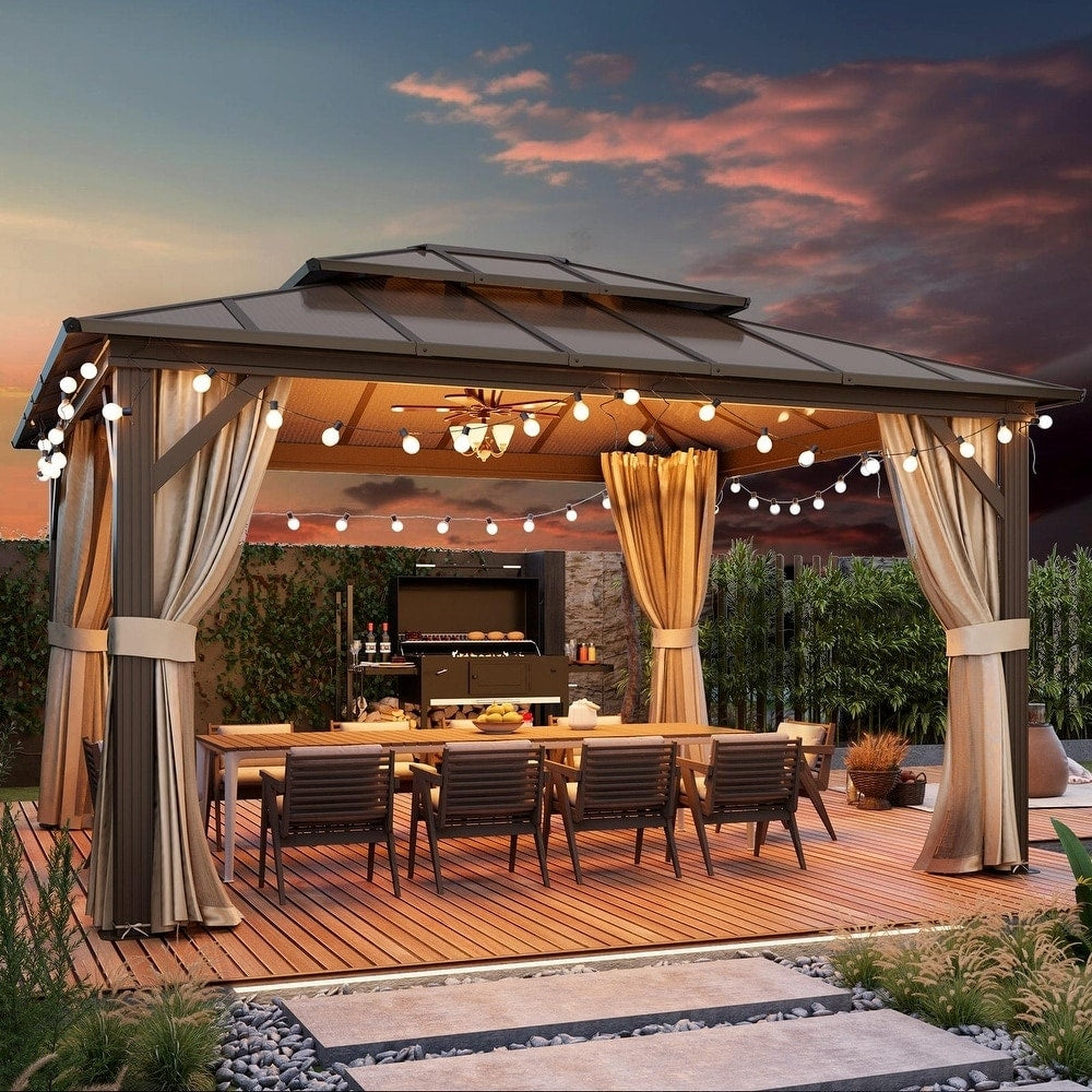 Gazebo rigide EROMMY, pergola d'extérieur avec double toit, moustiquaire et rideaux, auvent robuste pour terrasse, jardin, fête au bord de la piscine