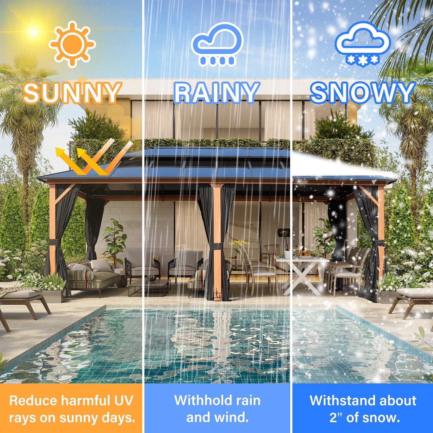 Gazebo rigide EROMMY, pergola d'extérieur avec double toit, moustiquaire et rideaux, auvent robuste pour terrasse, jardin, fête au bord de la piscine