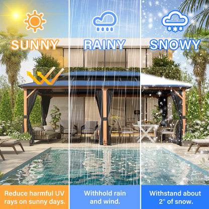 Gazebo rigide EROMMY, pergola d'extérieur avec double toit, moustiquaire et rideaux, auvent robuste pour terrasse, jardin, fête au bord de la piscine