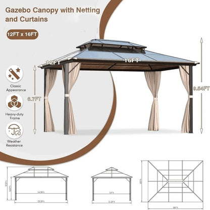 Gazebo rigide EROMMY, pergola d'extérieur avec double toit, moustiquaire et rideaux, auvent robuste pour terrasse, jardin, fête au bord de la piscine