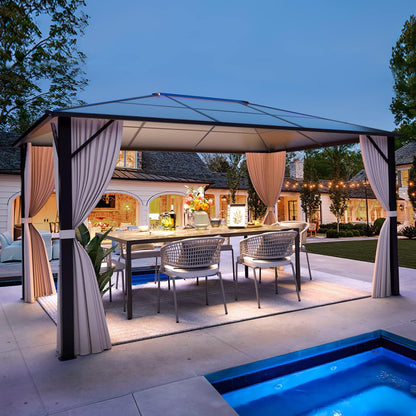 Gazebo rigide EROMMY, pergola d'extérieur avec double toit, moustiquaire et rideaux, auvent robuste pour terrasse, jardin, fête au bord de la piscine