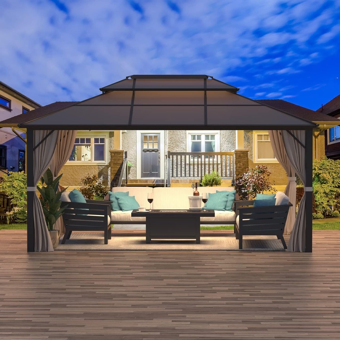 Gazebo rigide EROMMY, pergola d'extérieur avec double toit, moustiquaire et rideaux, auvent robuste pour terrasse, jardin, fête au bord de la piscine