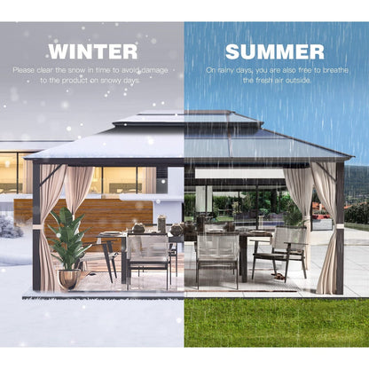 Gazebo rigide EROMMY, pergola d'extérieur avec double toit, moustiquaire et rideaux, auvent robuste pour terrasse, jardin, fête au bord de la piscine