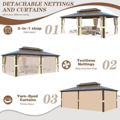 Gazebo rigide EROMMY, pergola d'extérieur avec double toit, moustiquaire et rideaux, auvent robuste pour terrasse, jardin, fête au bord de la piscine