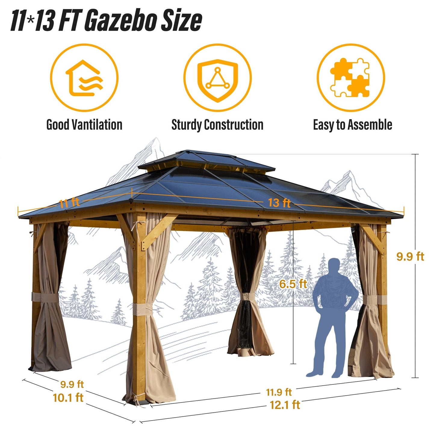 Gazebo rigide EROMMY, pergola d'extérieur avec double toit, moustiquaire et rideaux, auvent robuste pour terrasse, jardin, fête au bord de la piscine