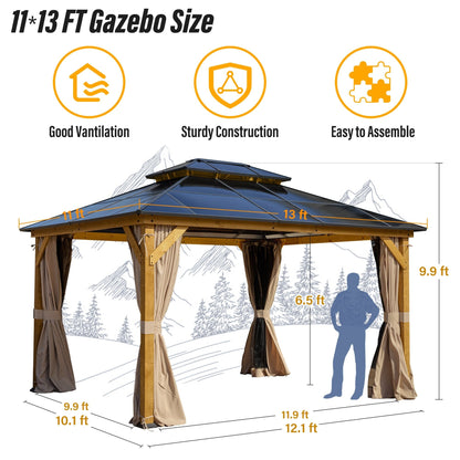Gazebo rigide EROMMY, pergola d'extérieur avec double toit, moustiquaire et rideaux, auvent robuste pour terrasse, jardin, fête au bord de la piscine