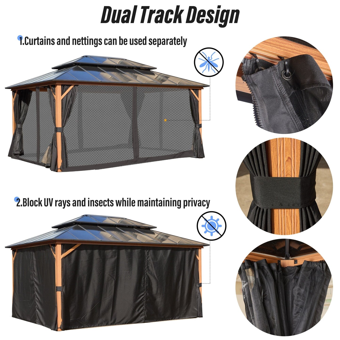 Gazebo rigide EROMMY, pergola d'extérieur avec double toit, moustiquaire et rideaux, auvent robuste pour terrasse, jardin, fête au bord de la piscine