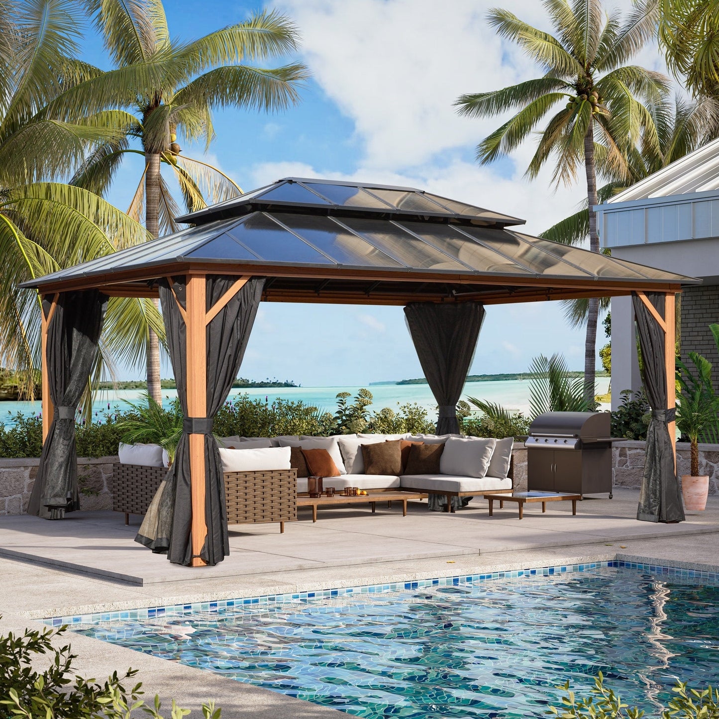 Gazebo rigide EROMMY, pergola d'extérieur avec double toit, moustiquaire et rideaux, auvent robuste pour terrasse, jardin, fête au bord de la piscine