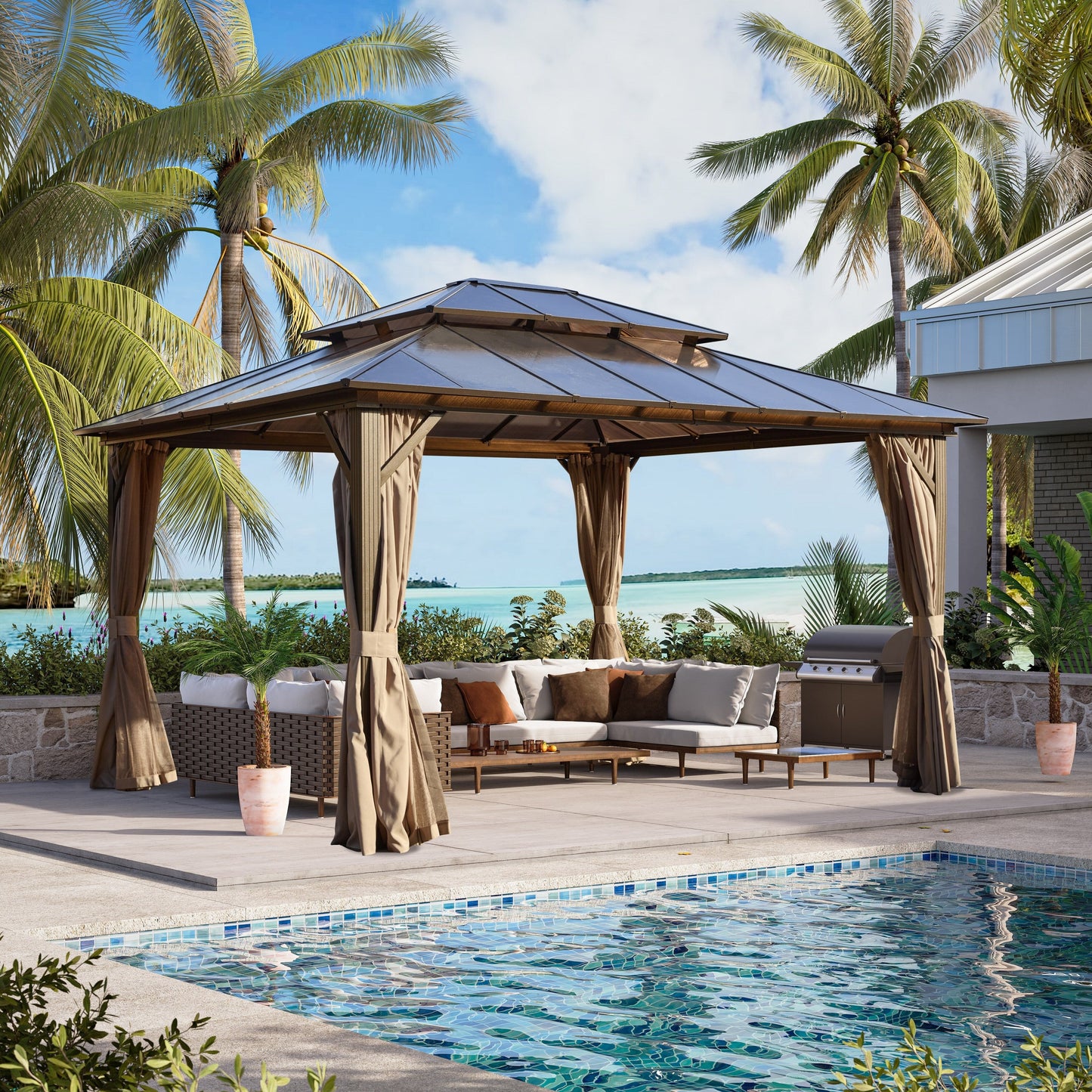 Gazebo rigide EROMMY, pergola d'extérieur avec double toit, moustiquaire et rideaux, auvent robuste pour terrasse, jardin, fête au bord de la piscine