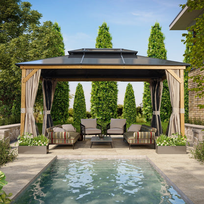 Gazebo rigide EROMMY, pergola d'extérieur avec double toit, moustiquaire et rideaux, auvent robuste pour terrasse, jardin, fête au bord de la piscine