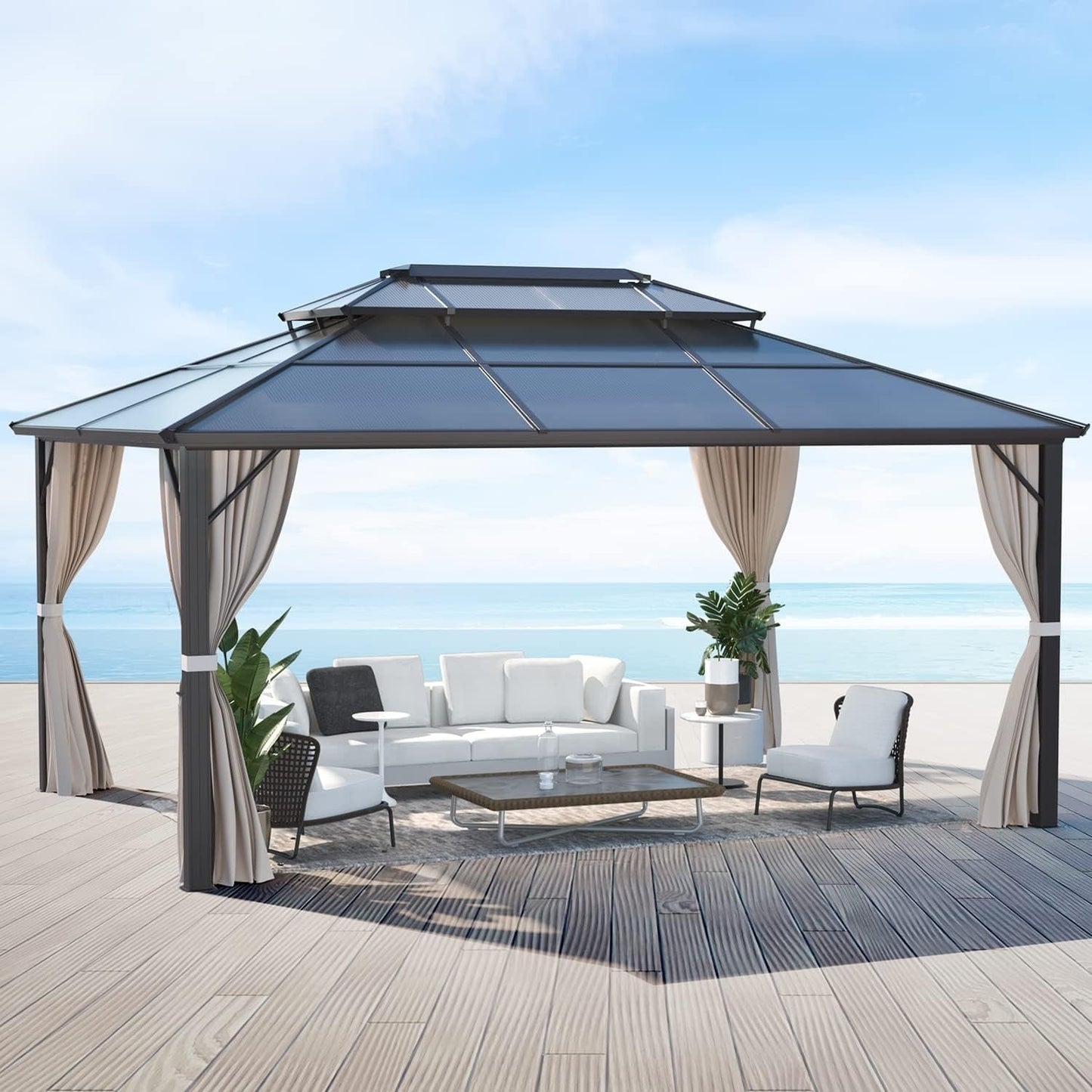 Gazebo rigide EROMMY, pergola d'extérieur avec double toit, moustiquaire et rideaux, auvent robuste pour terrasse, jardin, fête au bord de la piscine