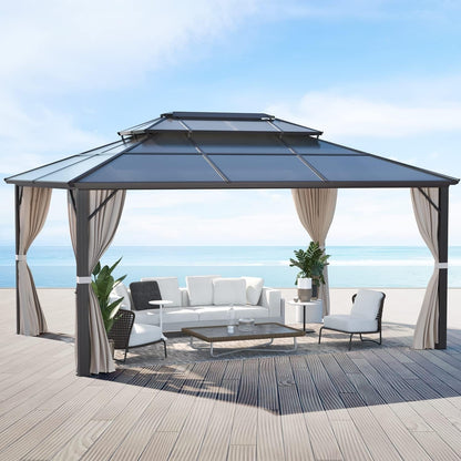 Gazebo rigide EROMMY, pergola d'extérieur avec double toit, moustiquaire et rideaux, auvent robuste pour terrasse, jardin, fête au bord de la piscine