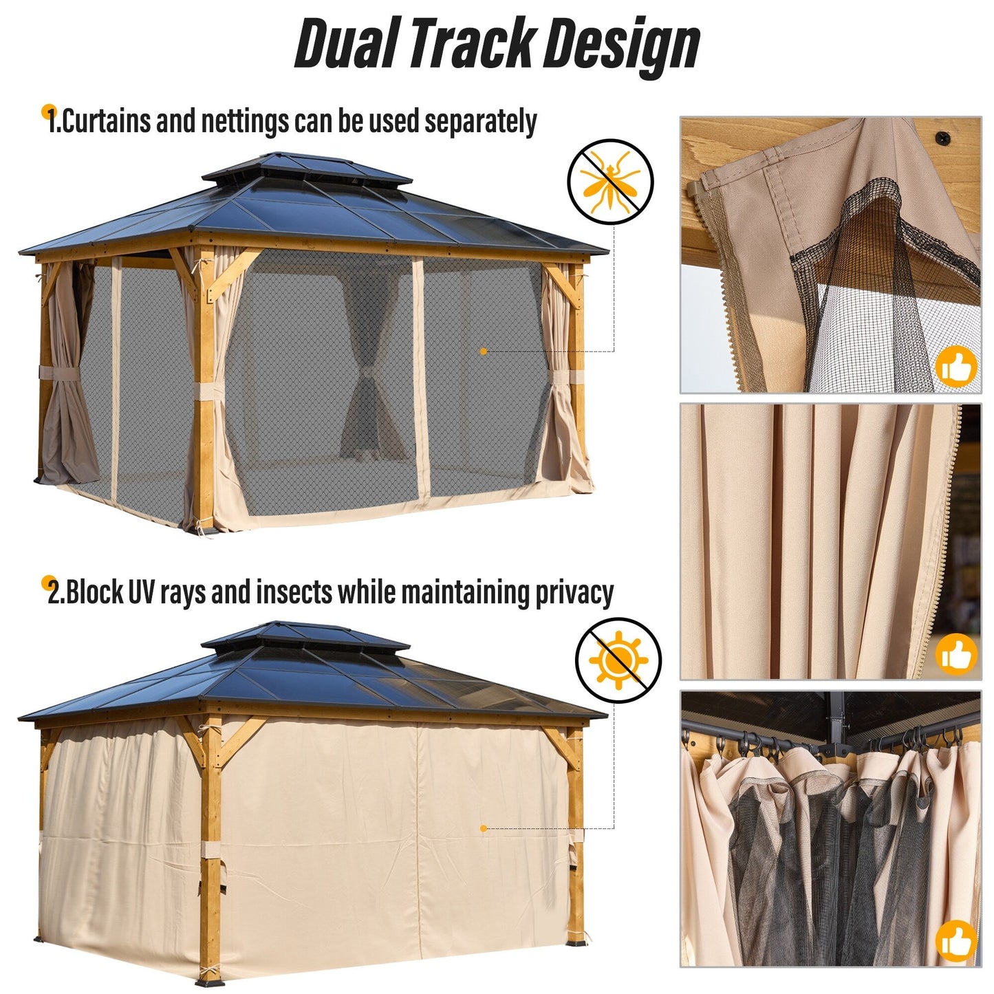 Gazebo rigide EROMMY, pergola d'extérieur avec double toit, moustiquaire et rideaux, auvent robuste pour terrasse, jardin, fête au bord de la piscine