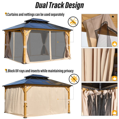 Gazebo rigide EROMMY, pergola d'extérieur avec double toit, moustiquaire et rideaux, auvent robuste pour terrasse, jardin, fête au bord de la piscine