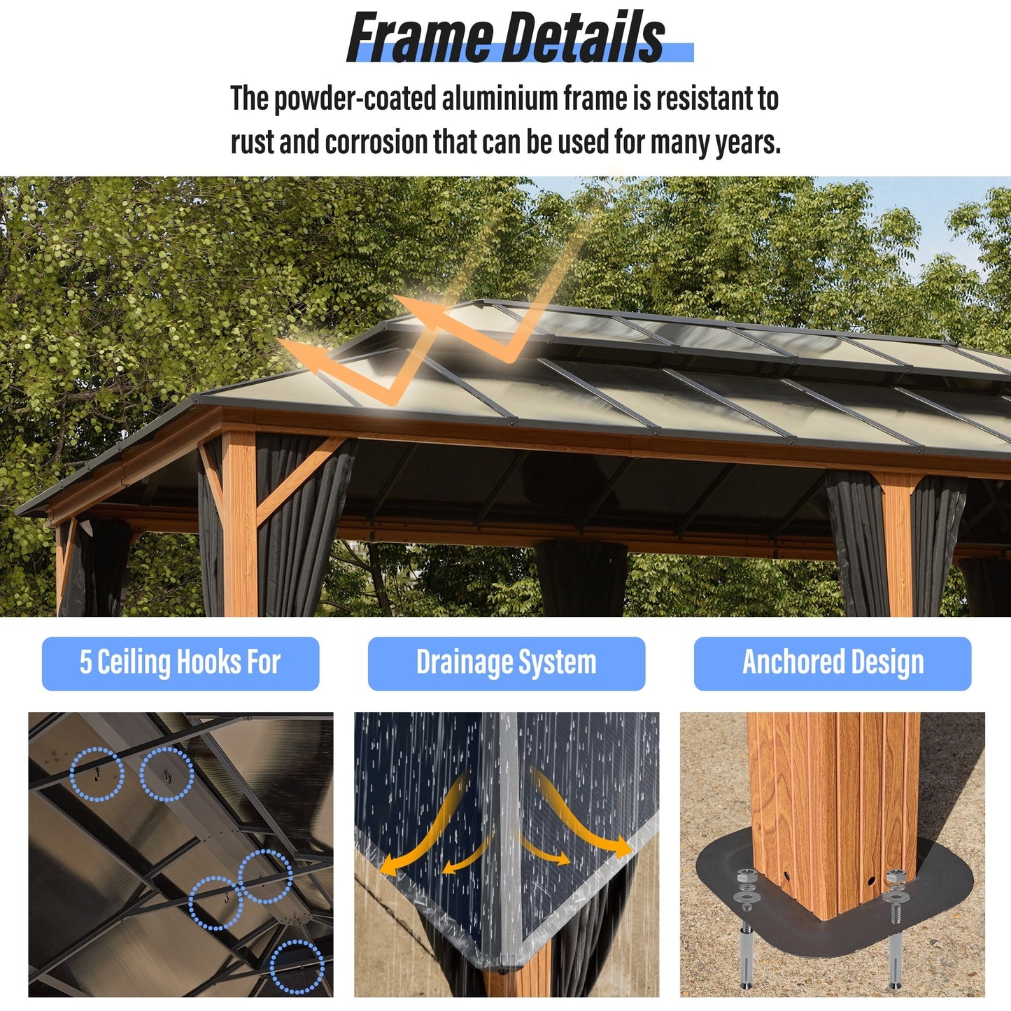 Gazebo rigide EROMMY, pergola d'extérieur avec double toit, moustiquaire et rideaux, auvent robuste pour terrasse, jardin, fête au bord de la piscine