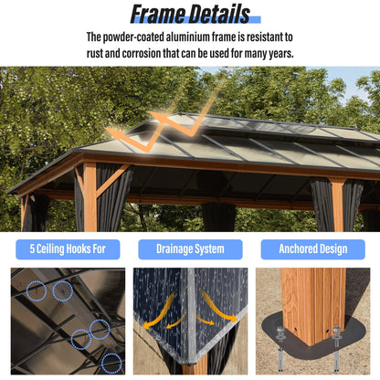 Gazebo rigide EROMMY, pergola d'extérieur avec double toit, moustiquaire et rideaux, auvent robuste pour terrasse, jardin, fête au bord de la piscine