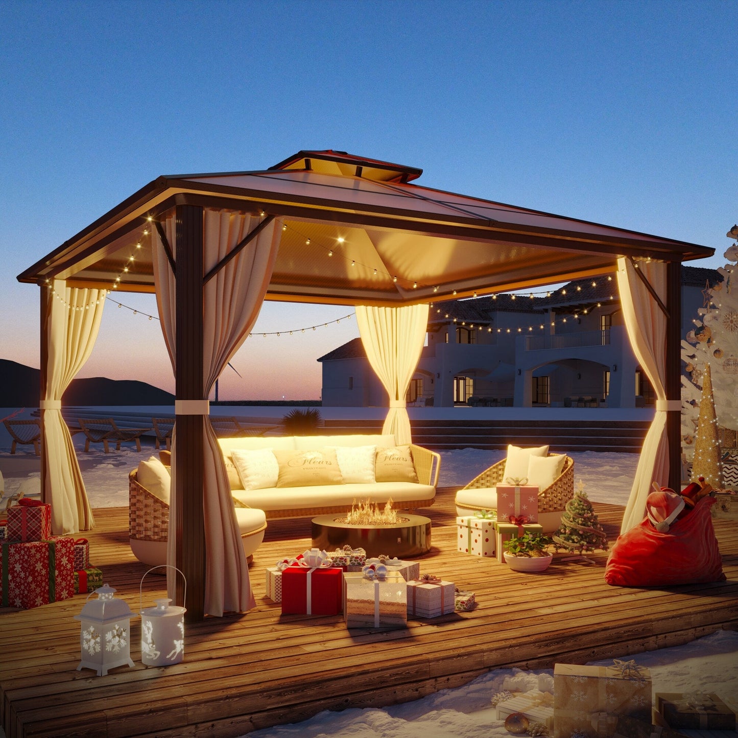 Gazebo rigide EROMMY, pergola d'extérieur avec double toit, moustiquaire et rideaux, auvent robuste pour terrasse, jardin, fête au bord de la piscine