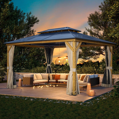 Gazebo rigide EROMMY, pergola d'extérieur avec double toit, moustiquaire et rideaux, auvent robuste pour terrasse, jardin, fête au bord de la piscine